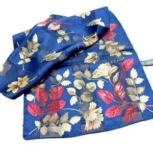 Vintage ECHO Silk Scarf Navy Blue Burnout Stripes Autumn Red Green Tan Florals